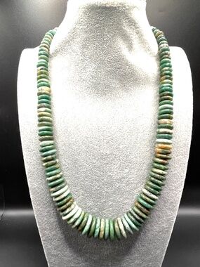 FAS China 925 Signed Graduated Heishi Disc Rondelle Bead Necklace Green Stone